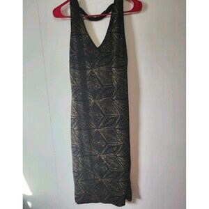 Cloth & People Black Gold Art Deco Party Bodycon Dress L Sparkly V-Neck Cocktail